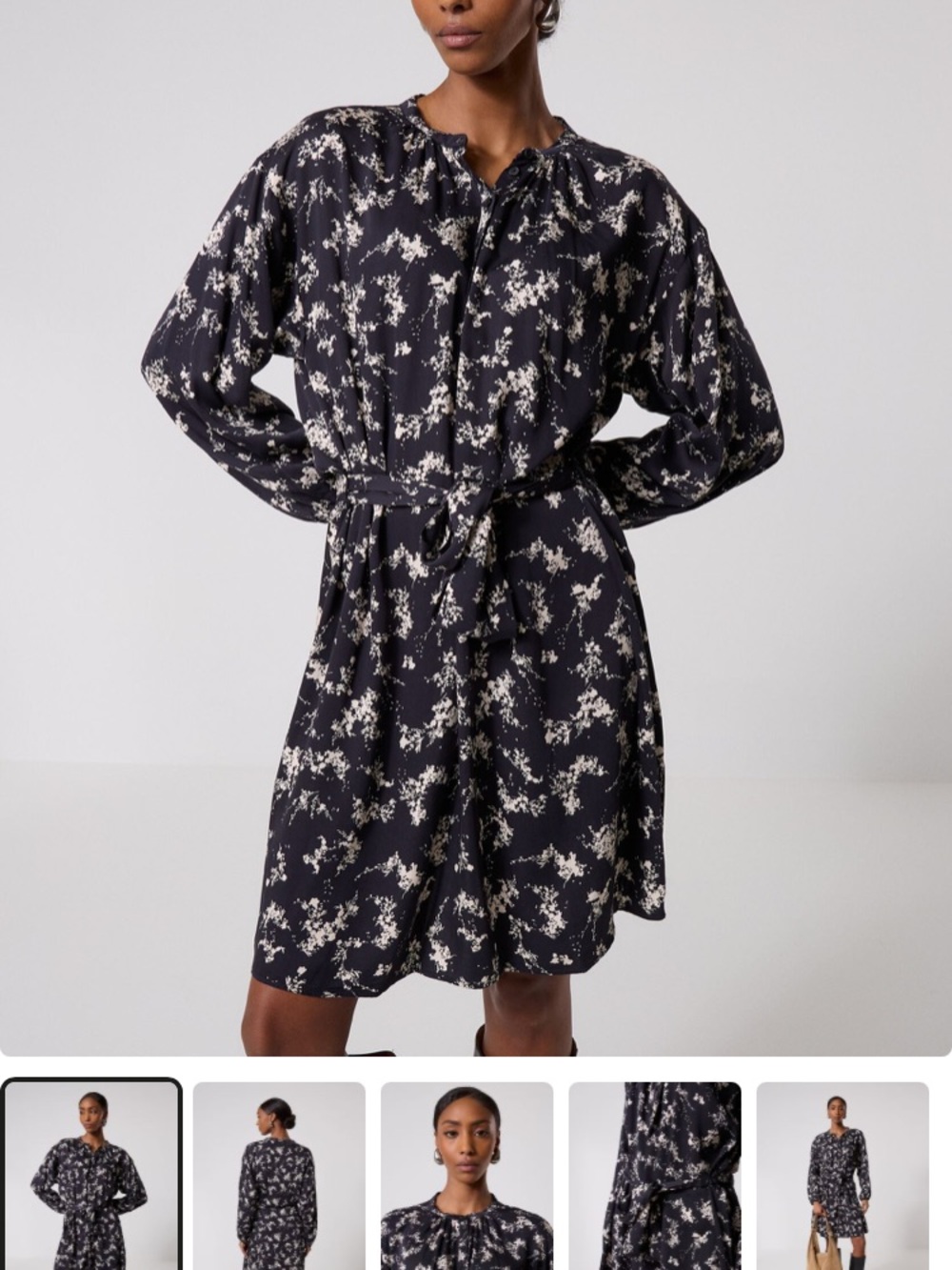 Ikks Black and Cream Floral Tie-Waist Dress